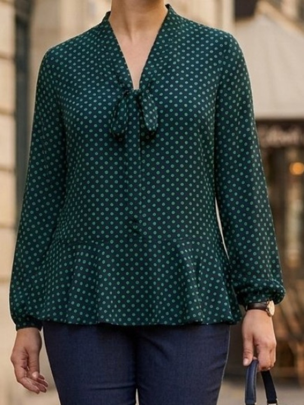 Lauren Ralph Lauren Polka Dot Blouse Navy Green Tie Neck Peplum XL